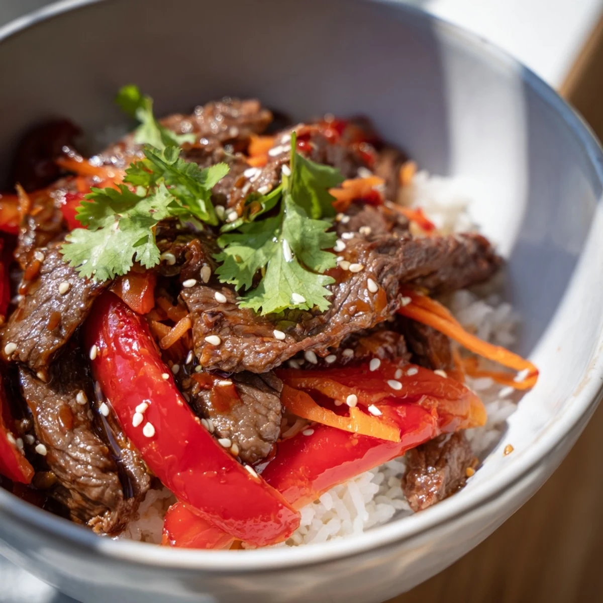 A close-up view of the Spicy Beef Bowl garnished with sesame seeds and spring onions, ready to serve for dinner.