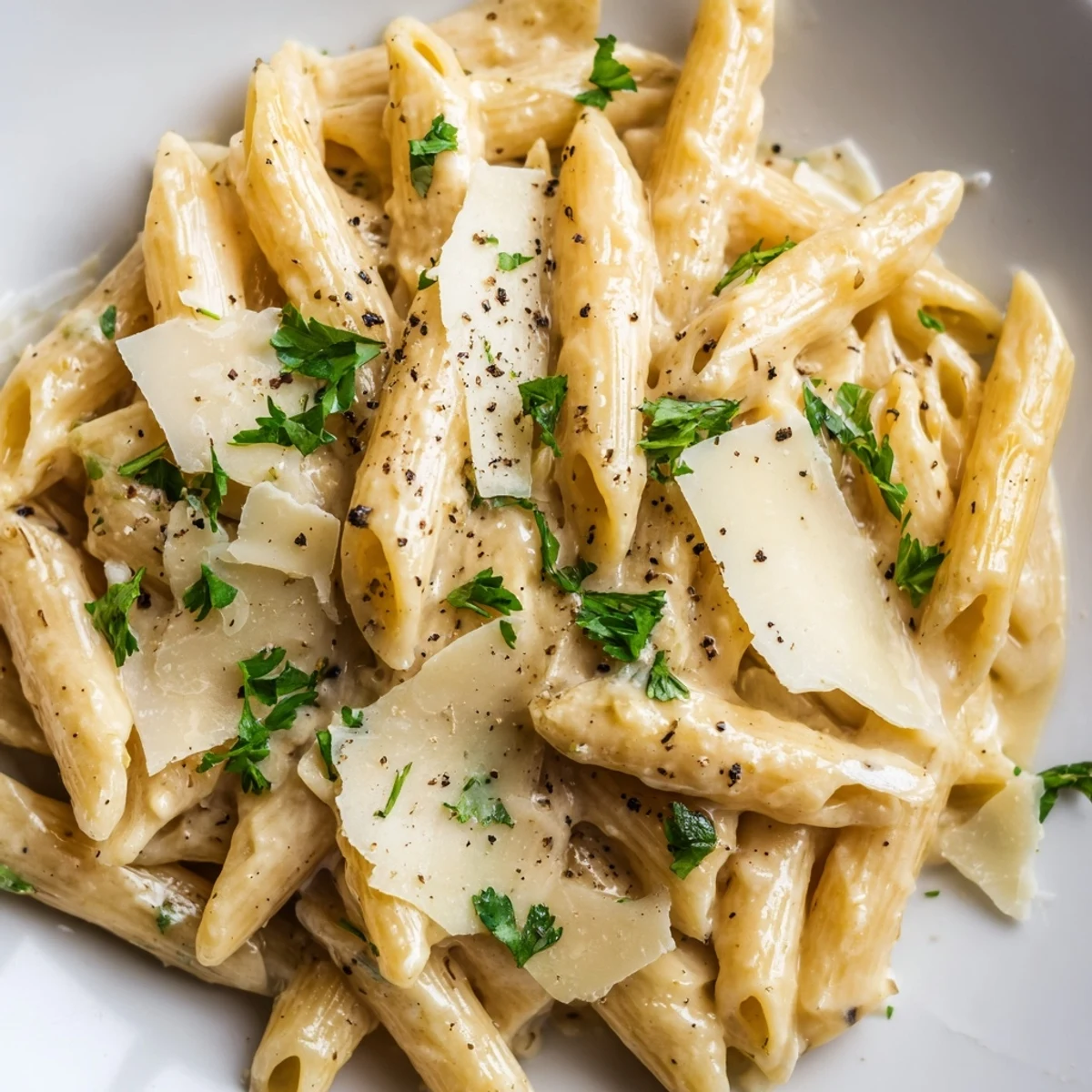 Creamy Dish Pasta plated with golden Parmesan and fresh parsley garnish, steaming in a cozy home kitchen.