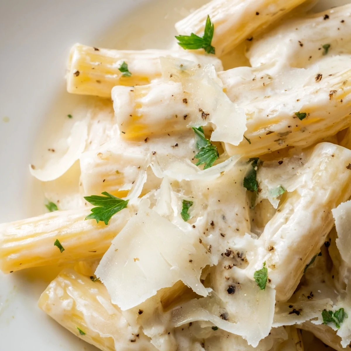 A skillet of Creamy Dish Pasta with garlic and cream, topped with extra cheese for an indulgent finish.