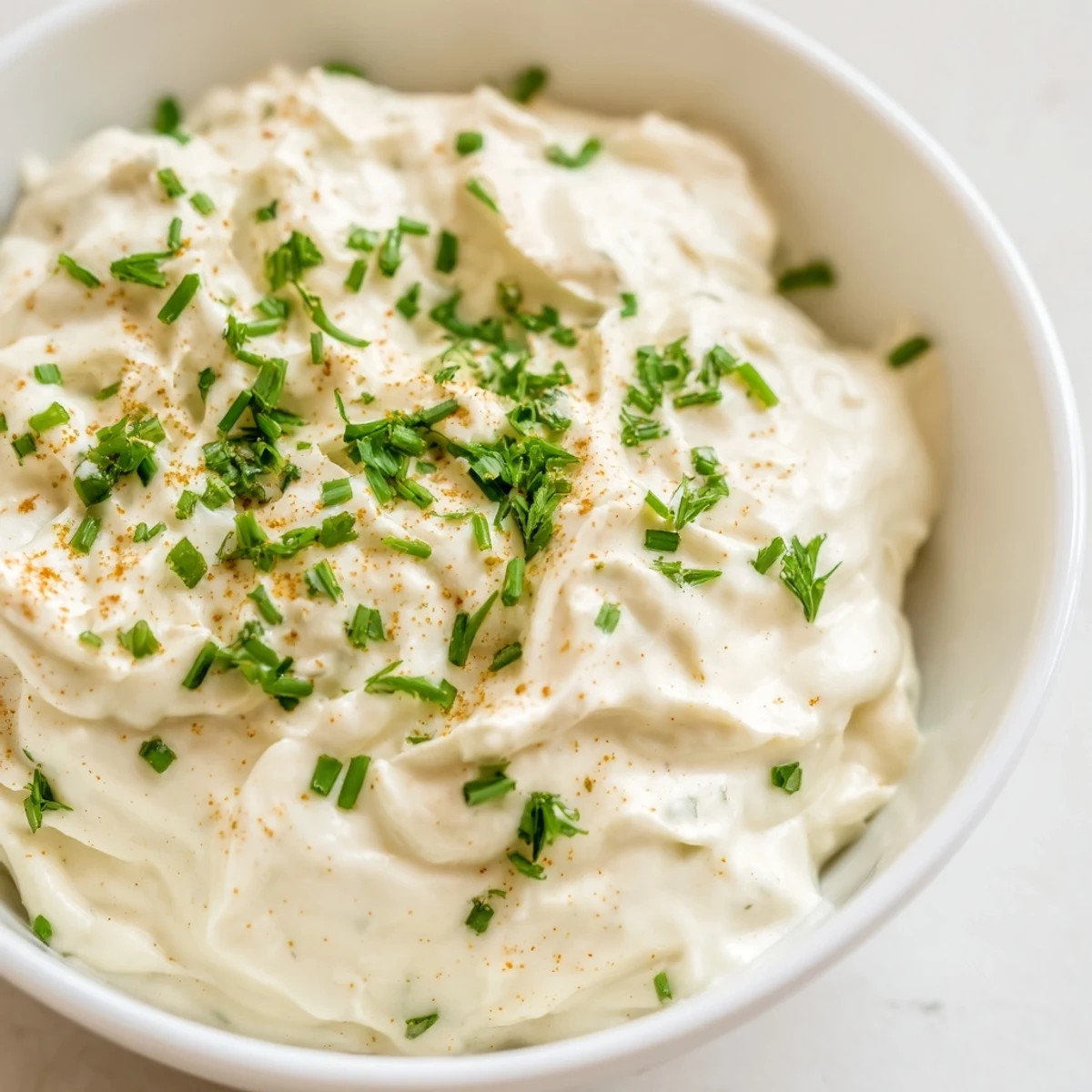 Creamy Dip Bowl garnished with fresh chives and parsley, served in a white bowl surrounded by colorful vegetable sticks and crispy crackers.