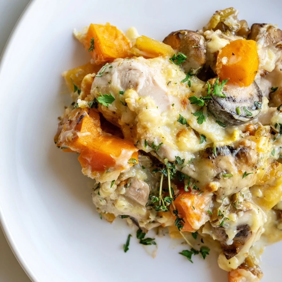 Freshly baked Winter Dish Casserole in a white dish, garnished with parsley and cheese topping.