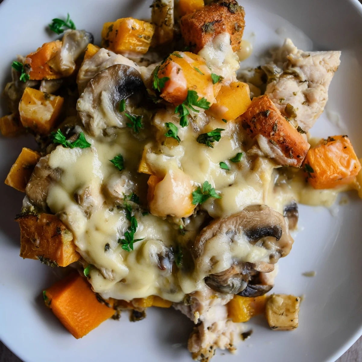 Steaming hot Winter Dish Casserole with creamy herb sauce and golden cheese crust, perfect for dinner.