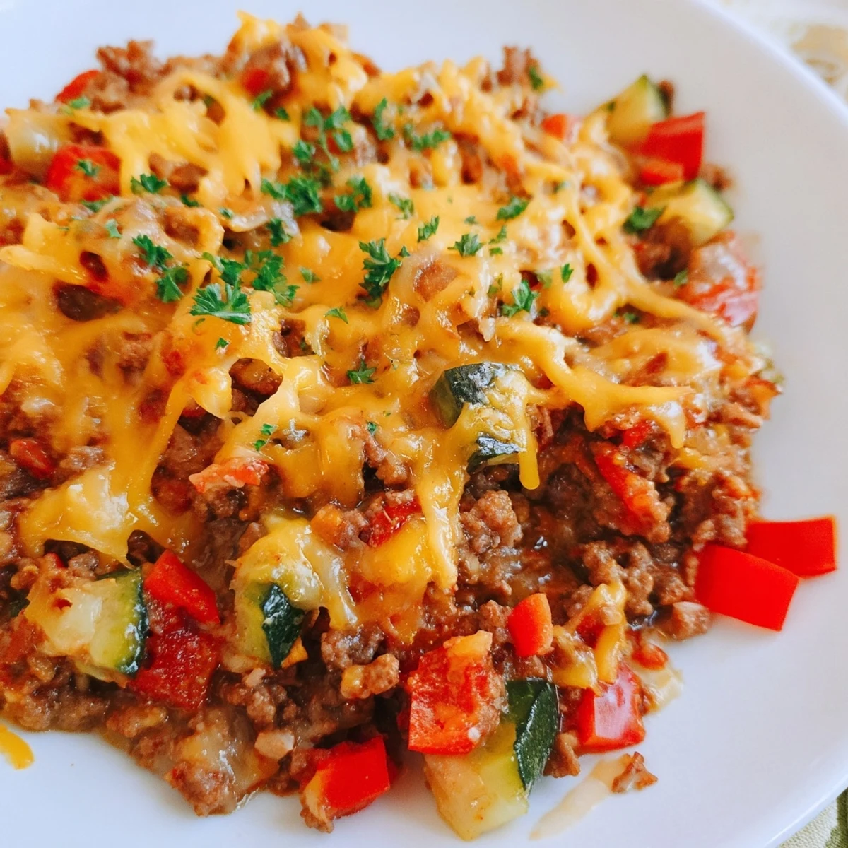 Beef Meal Skillet with ground beef, zucchini, corn, and tomatoes in a rustic serving dish.