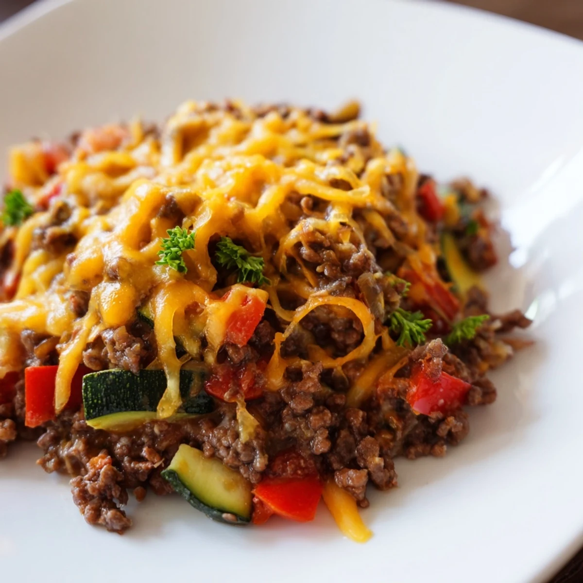 A close-up of the finished Beef Meal Skillet served steaming hot with fresh parsley garnish.