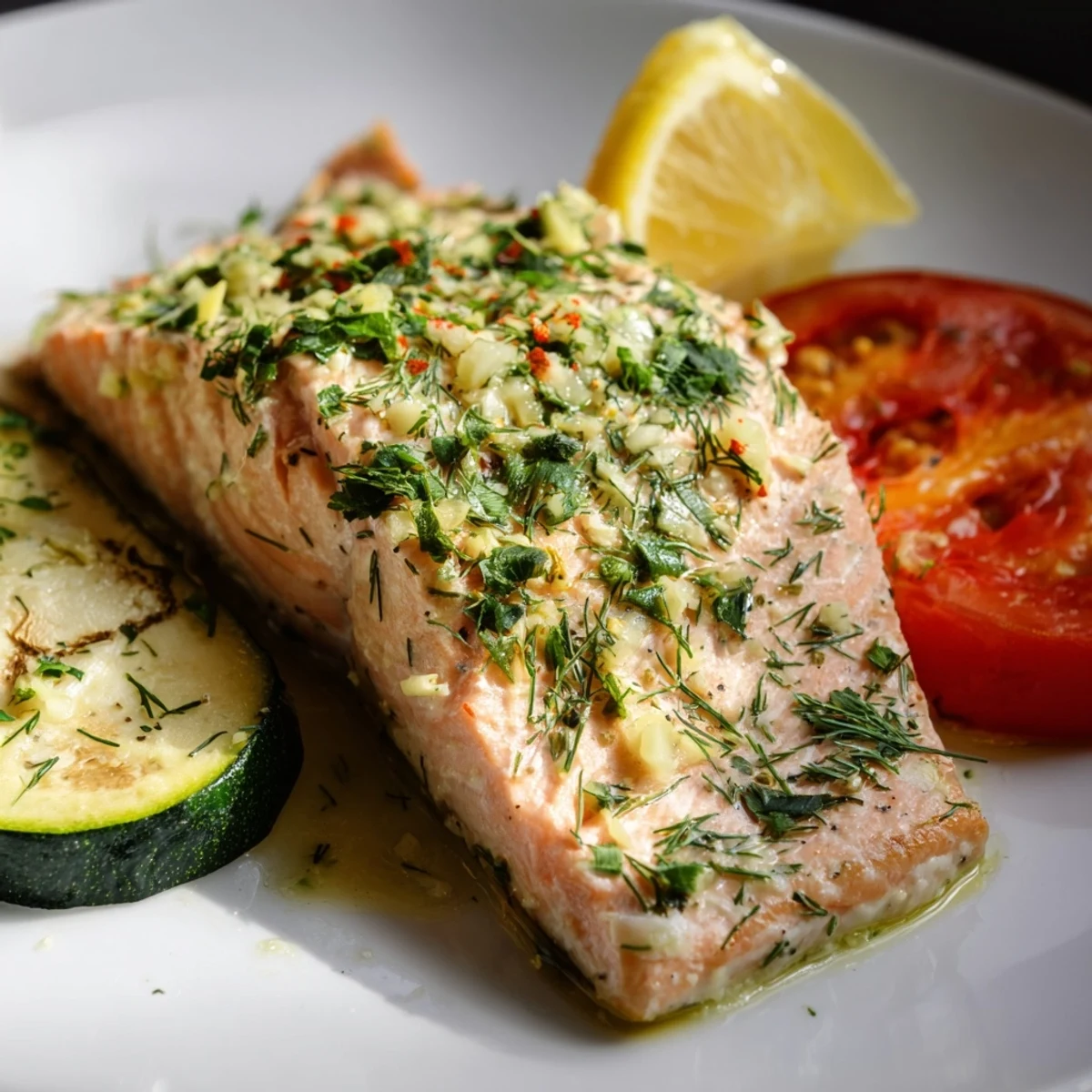 A close-up on flaky, herb-seasoned Baked Salmon Platter with lemon wedges and vibrant roasted veggies, ready to serve.