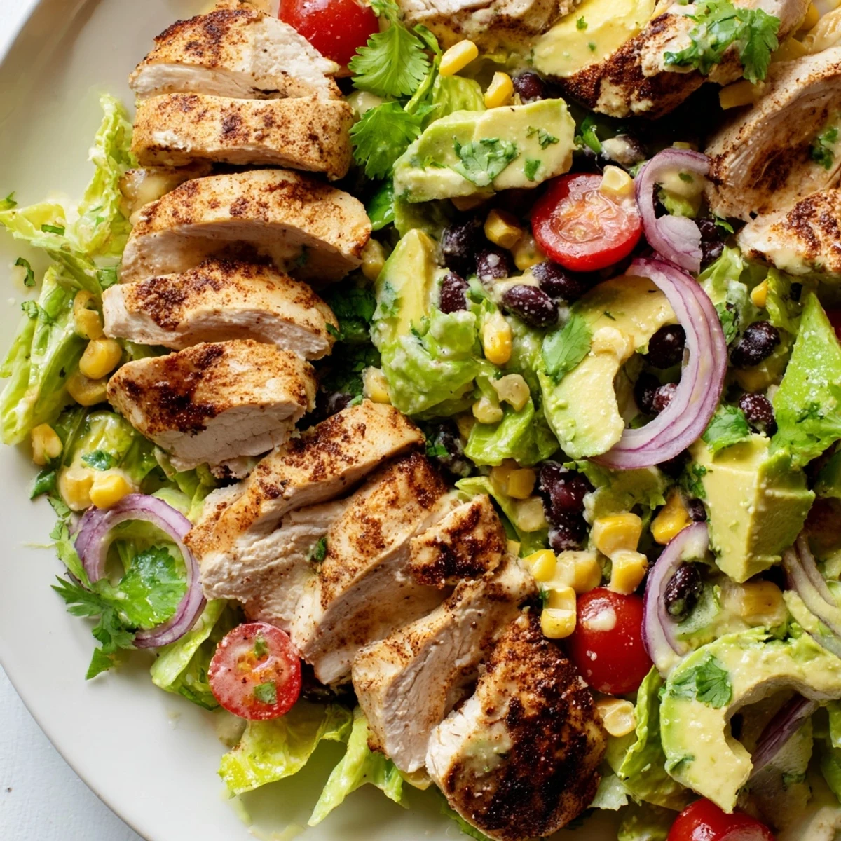 A close-up view of Southwest Chicken Salad showcases sliced avocado and tender grilled chicken on crisp lettuce, with bright lime dressing adding a refreshing, tangy finish.