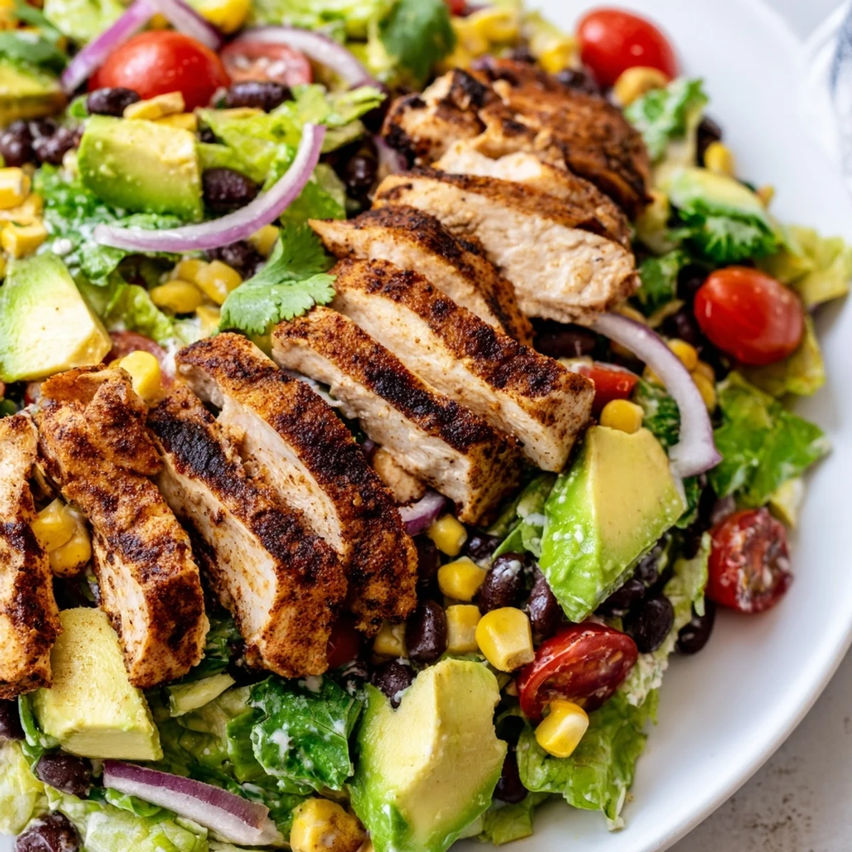 Southwest Chicken Salad with lime dressing is plated in a rustic bowl, topped with juicy grilled chicken, crunchy red onions, and fresh cilantro for a vibrant main dish.