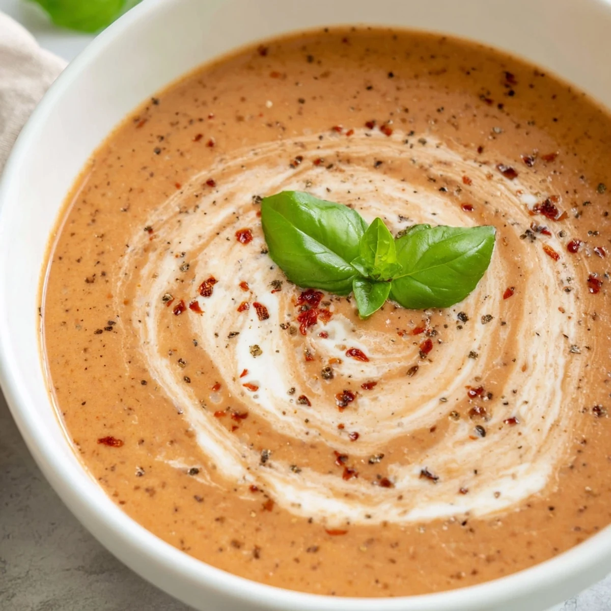 A warm bowl of Roasted Garlic and Tomato Basil Soup garnished with fresh basil leaves, showcasing a velvety texture.