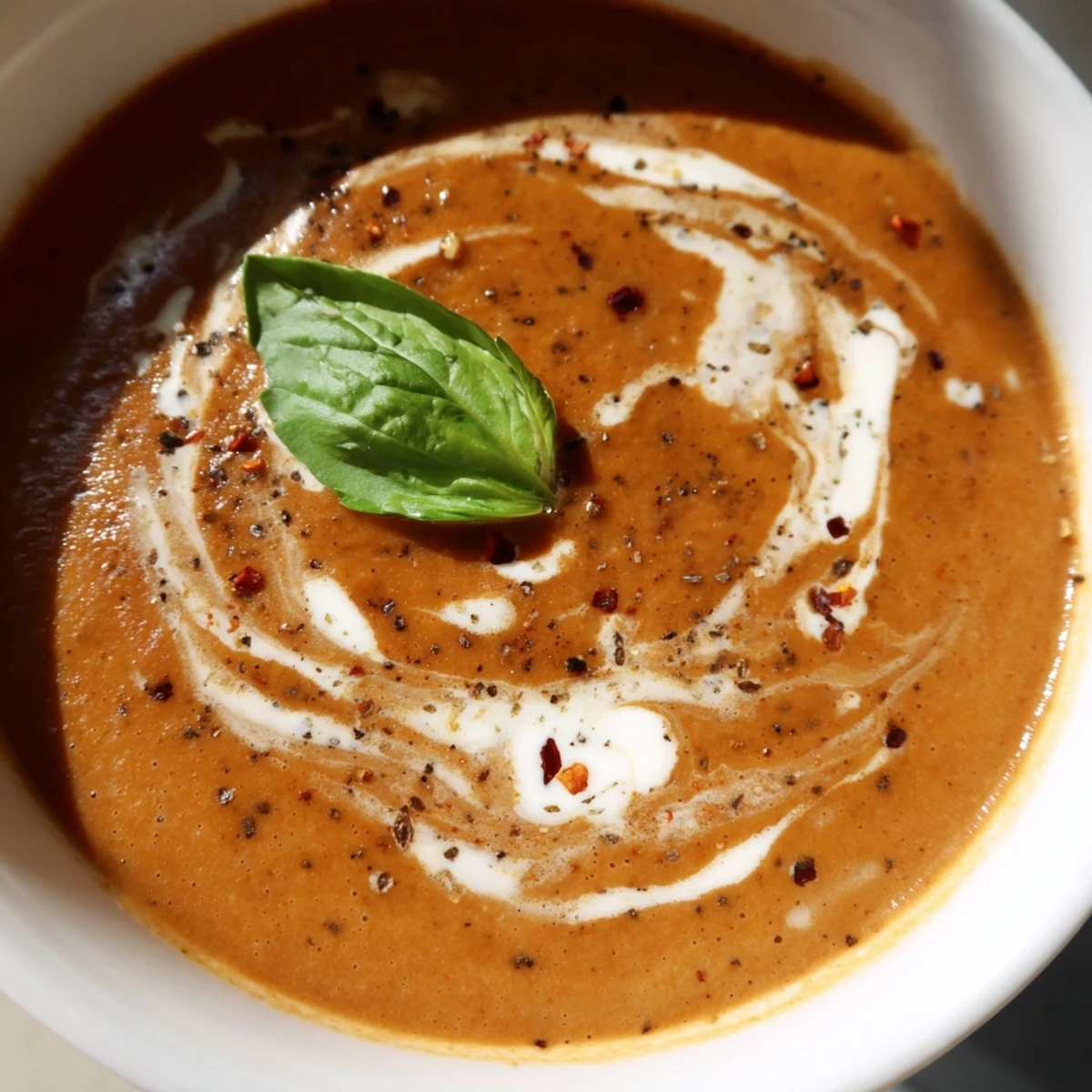 Close-up of Roasted Garlic and Tomato Basil Soup being ladled from a pot, highlighting its rich, reddish-orange color.