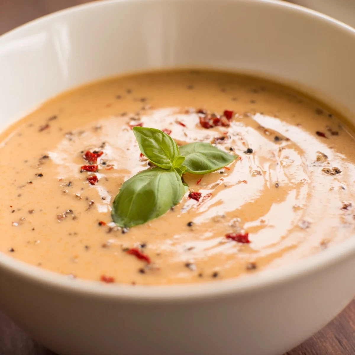 Homemade Roasted Garlic and Tomato Basil Soup served in a rustic bowl, paired with a slice of crusty bread.