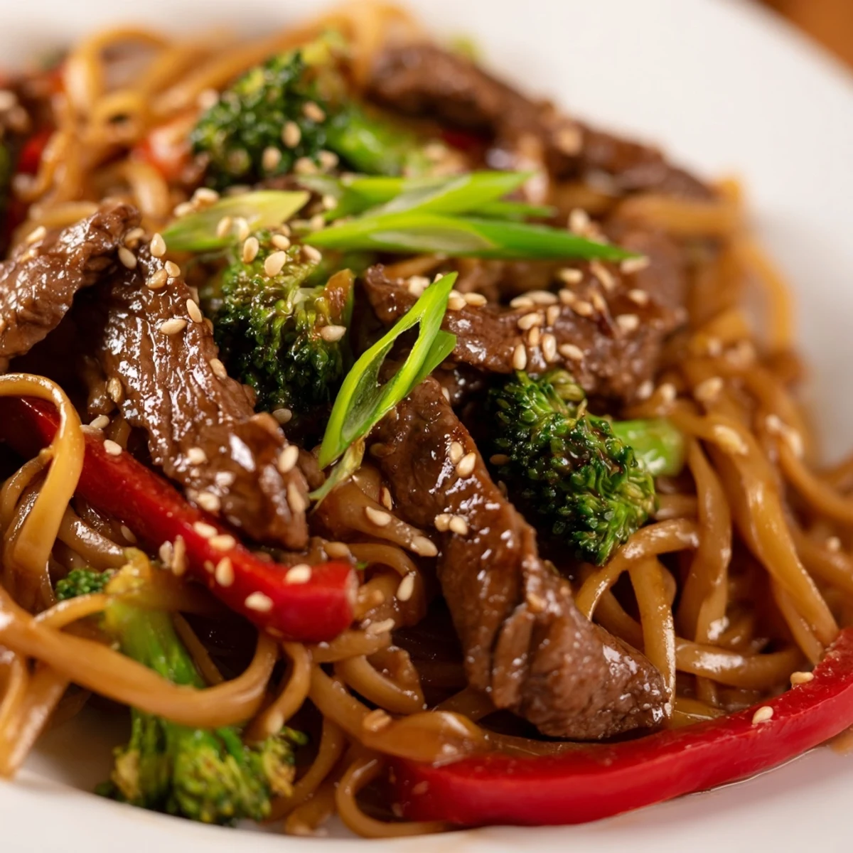 Steaming Beef and Broccoli Lo Mein with Sesame fills a white bowl with glossy noodles, crisp broccoli, and seared beef strips.