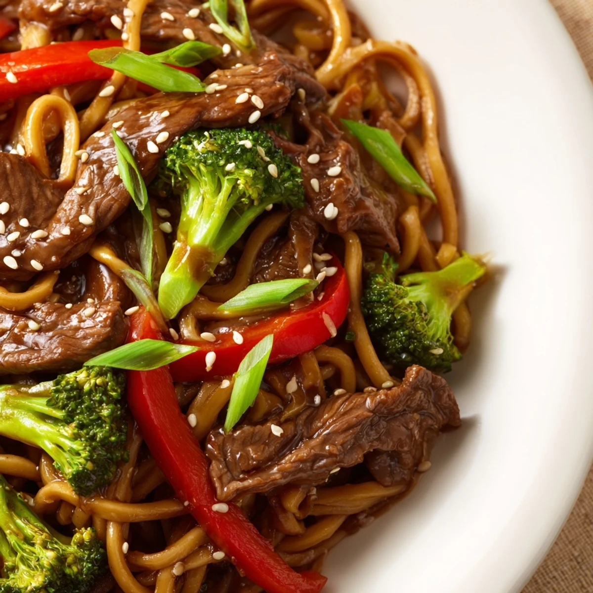 A close-up of Beef and Broccoli Lo Mein with Sesame reveals tender beef, vibrant broccoli, and toasted sesame seeds on noodles.