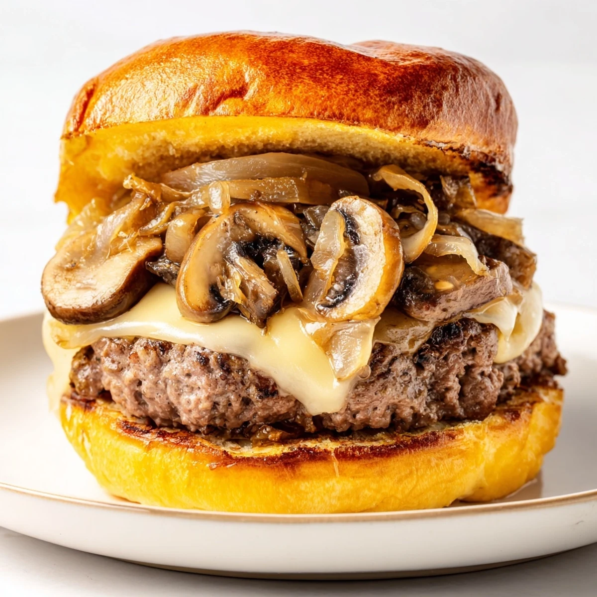 Juicy Mushroom and Swiss Burger with caramelized onions on a toasted brioche bun.