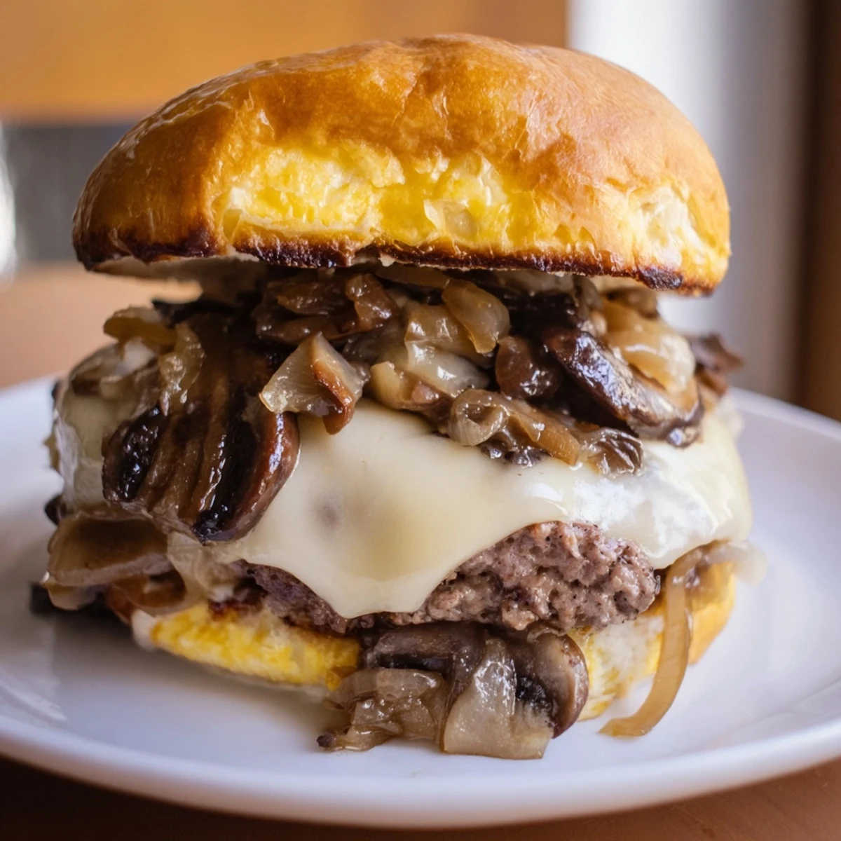 Gourmet Mushroom and Swiss Burger stacked with golden onions and cremini mushrooms.