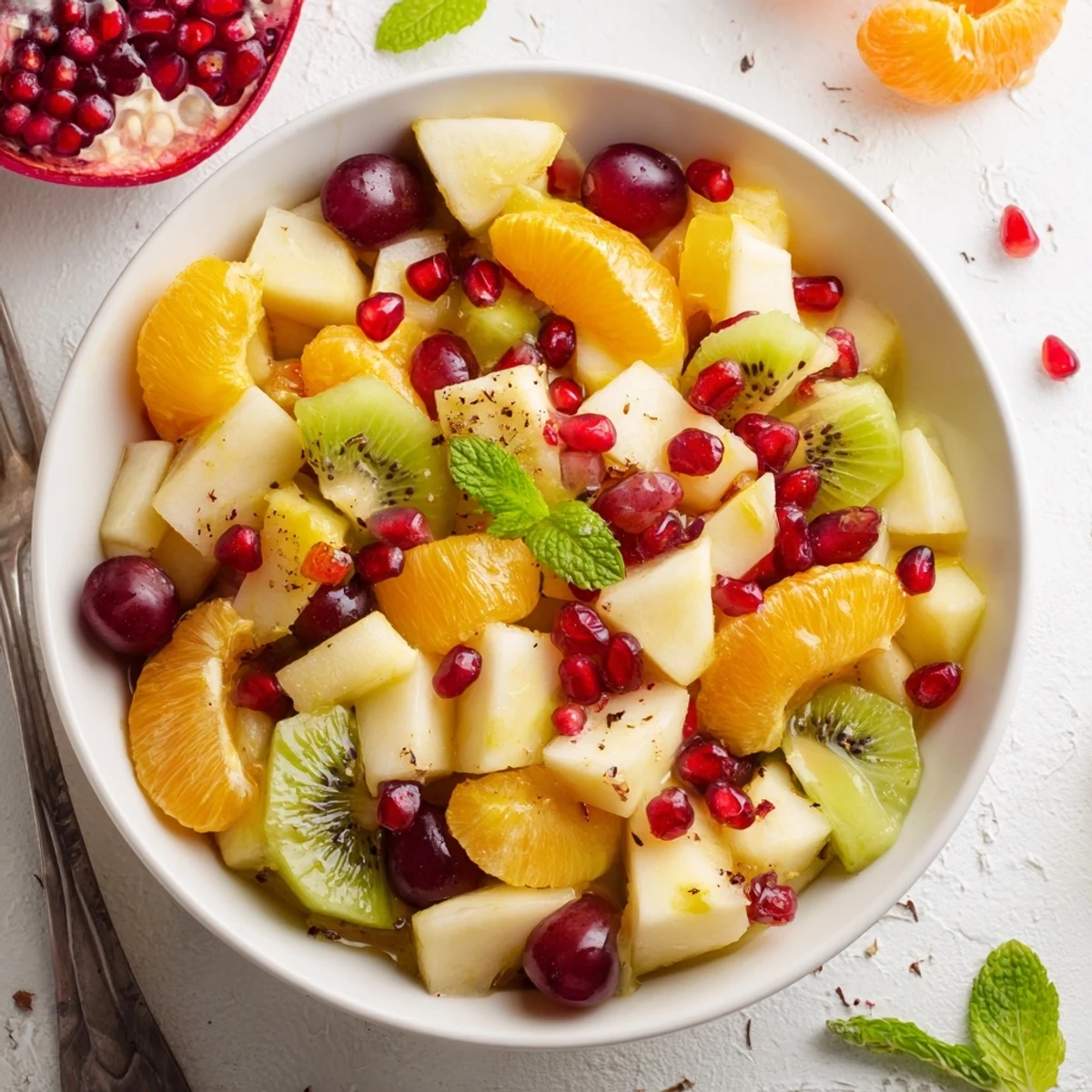 Freshly tossed Winter Fruit Salad with Honey Lime Dressing featuring bright pomegranate arils and juicy orange segments garnished with mint.