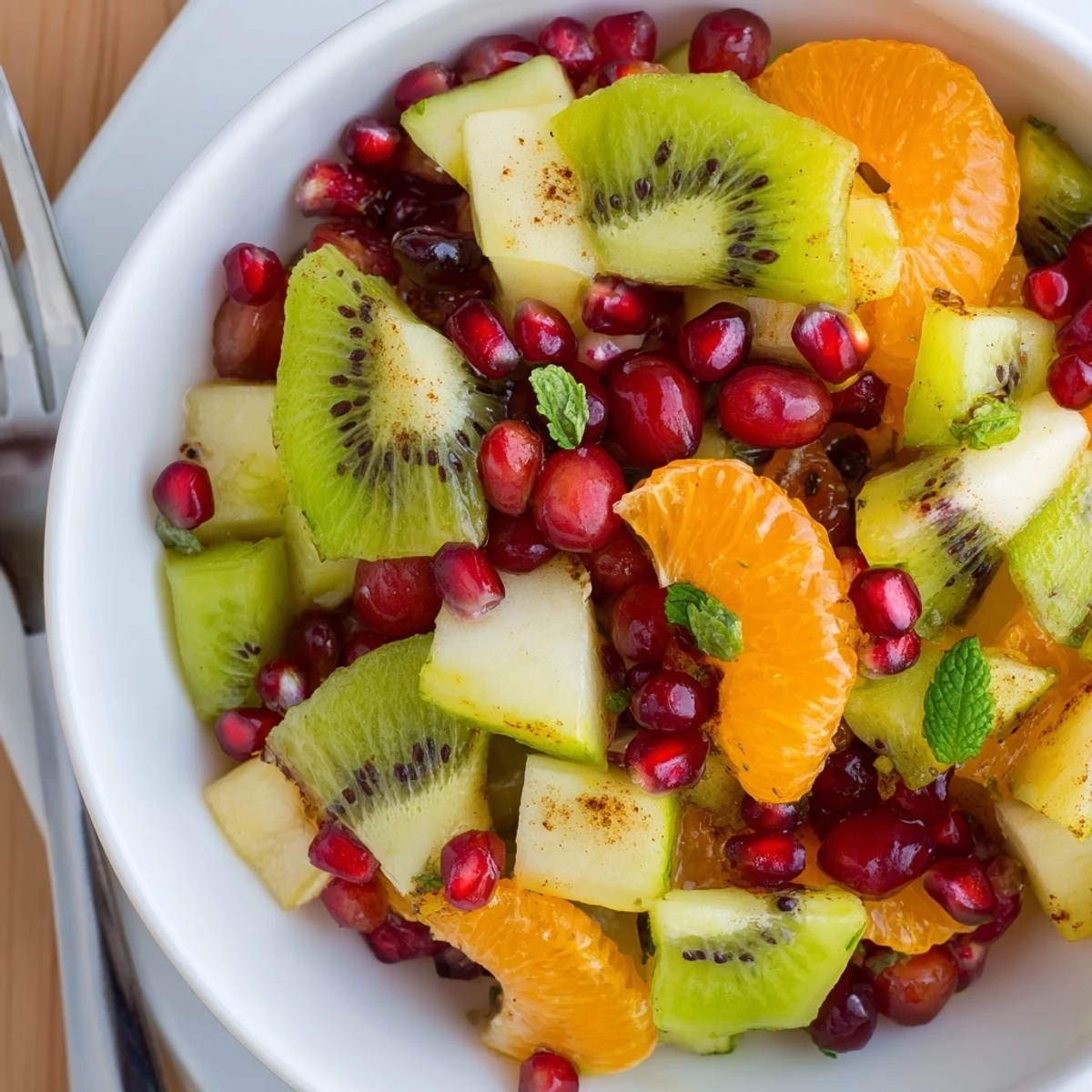 A vibrant bowl of Winter Fruit Salad with Honey Lime Dressing, dotted with sliced kiwis, diced apples, and glossy halved grapes.