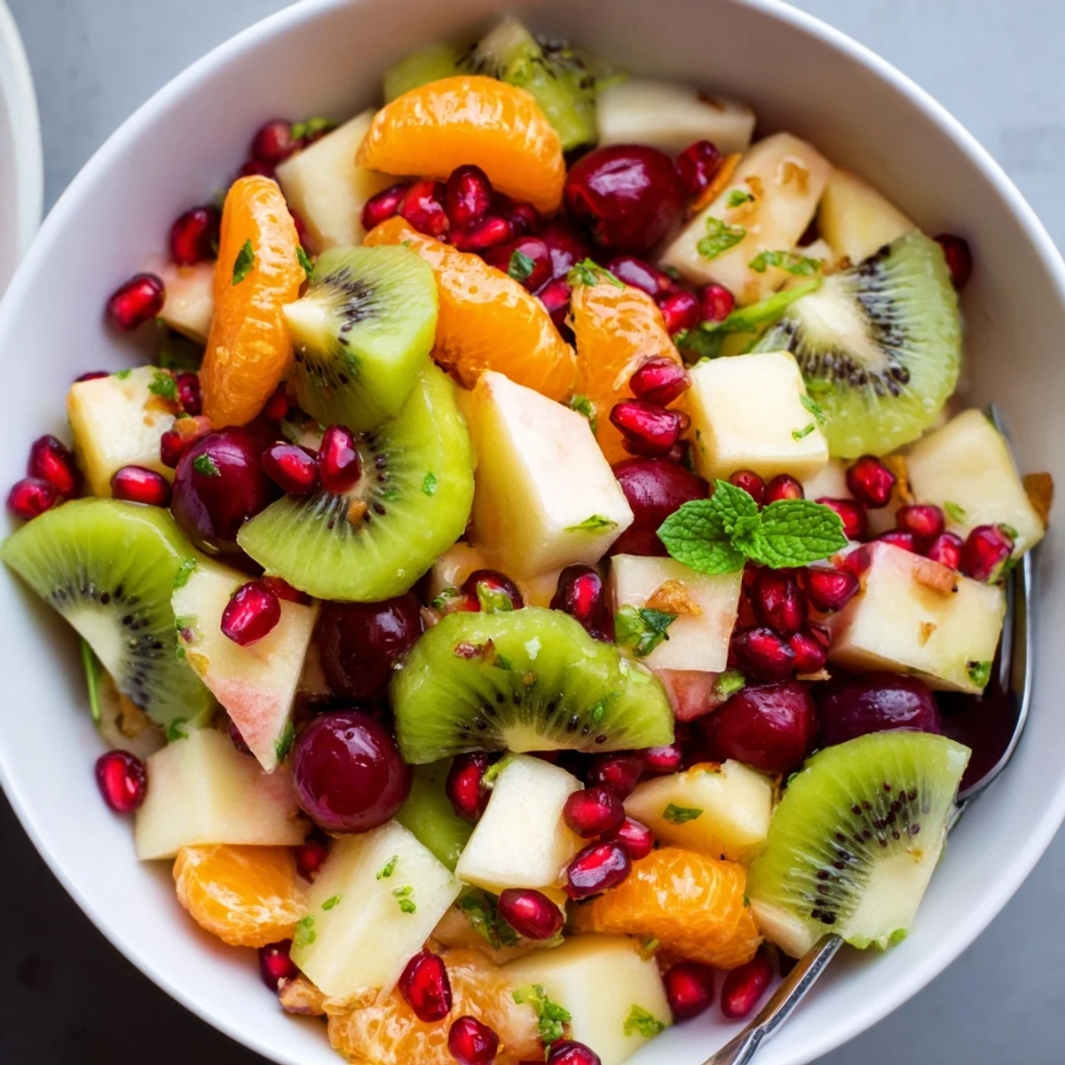 Glistening chilled Winter Fruit Salad with Honey Lime Dressing served on a platter, featuring pear slices and sparkling pomegranate jewels.