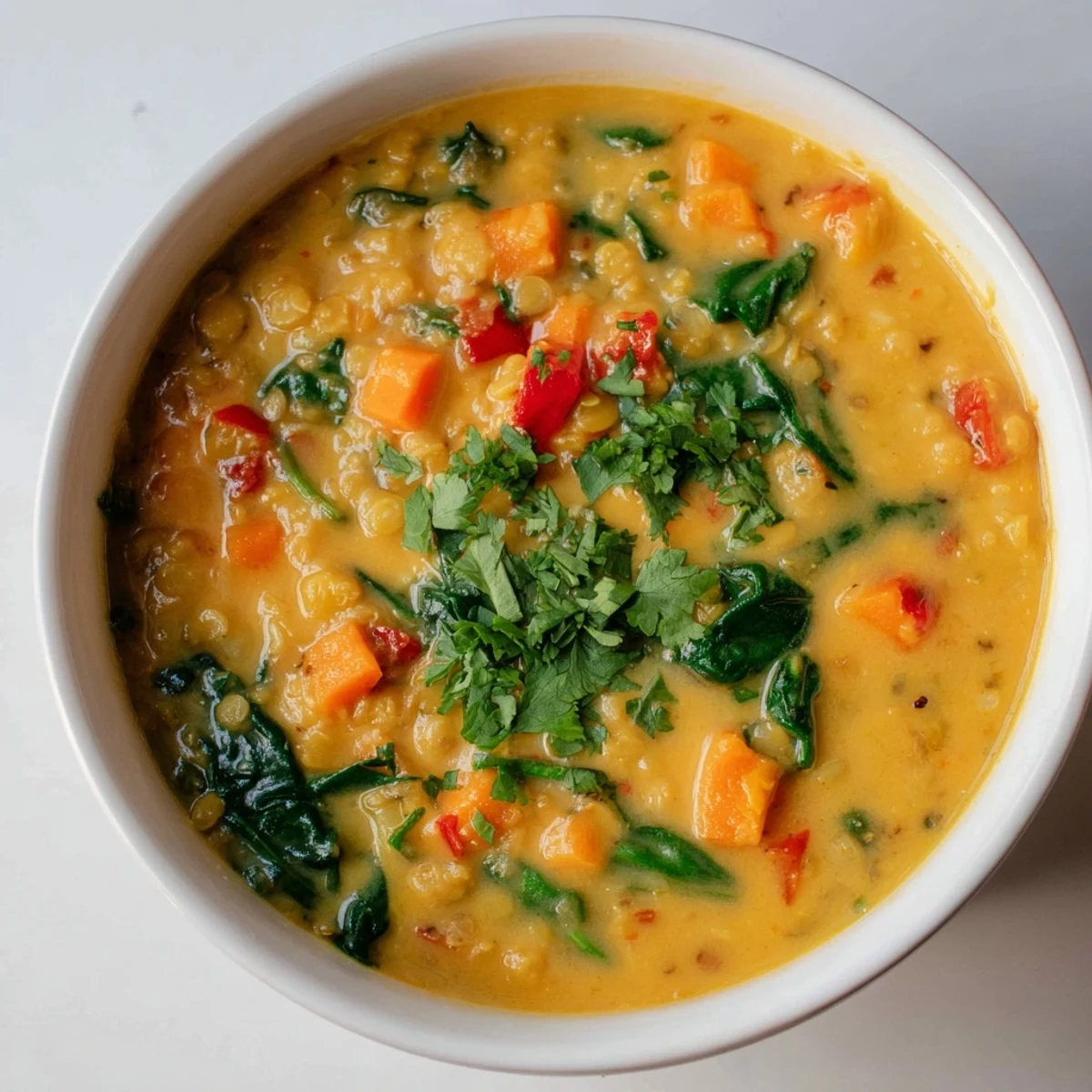 Creamy coconut curry lentil soup with fresh spinach in a white bowl, garnished with cilantro and a lime wedge.