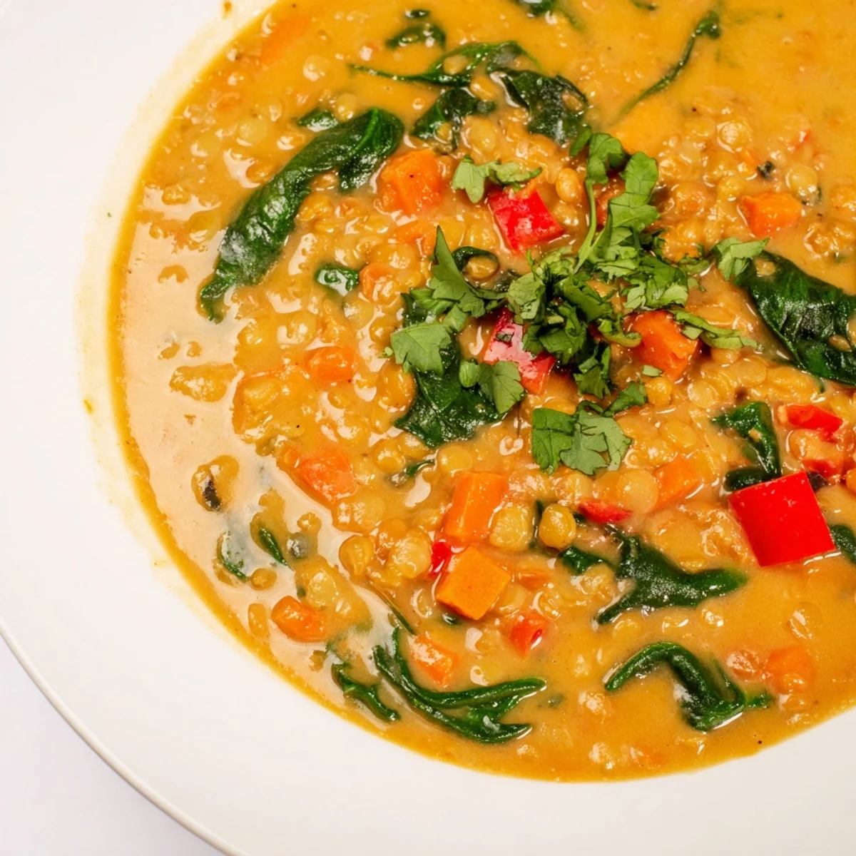 A steaming pot of coconut curry lentil soup with spinach, topped with cilantro and served alongside naan bread.