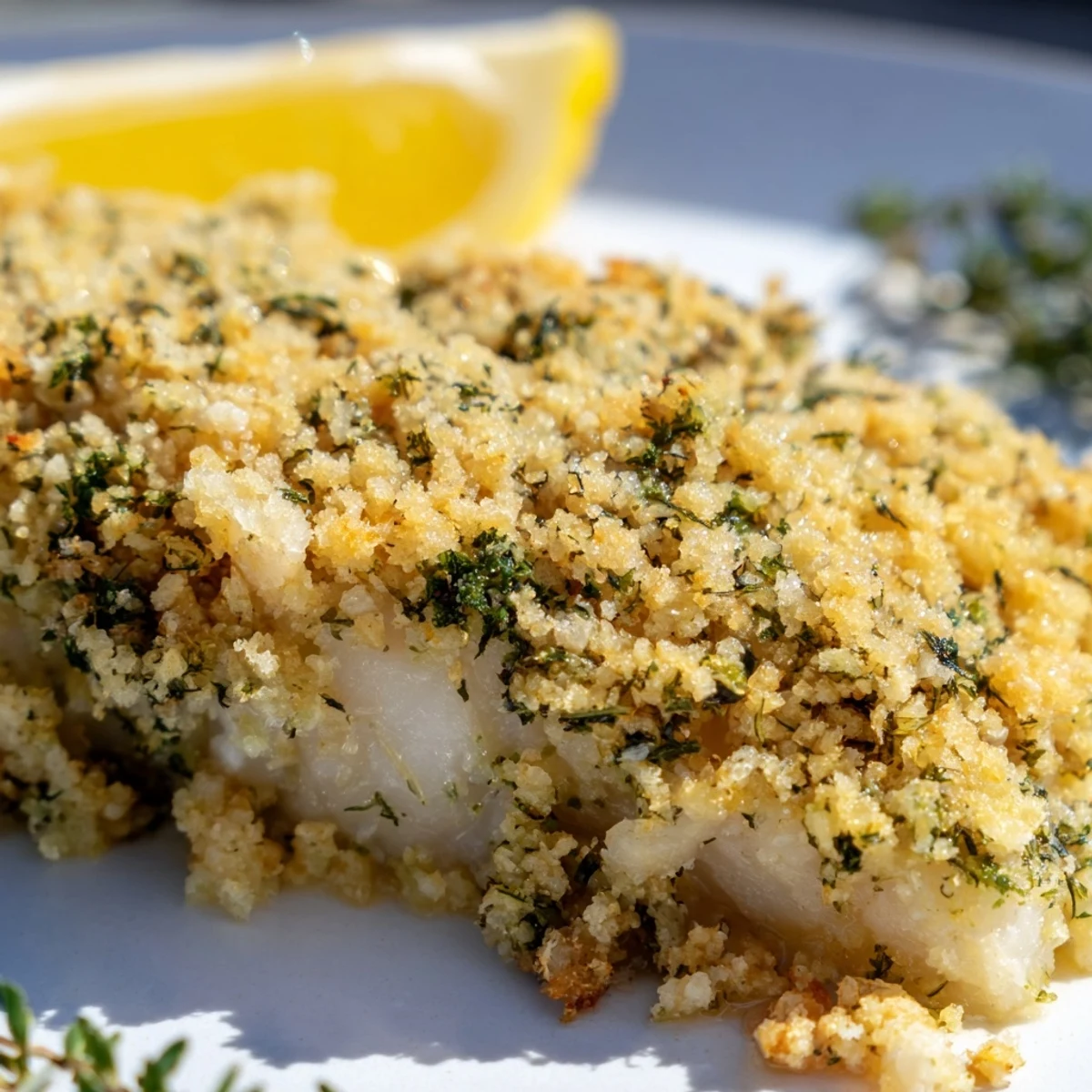 Golden baked cod fillets with lemon herb butter crumbs served alongside fresh lemon wedges on a rustic plate.