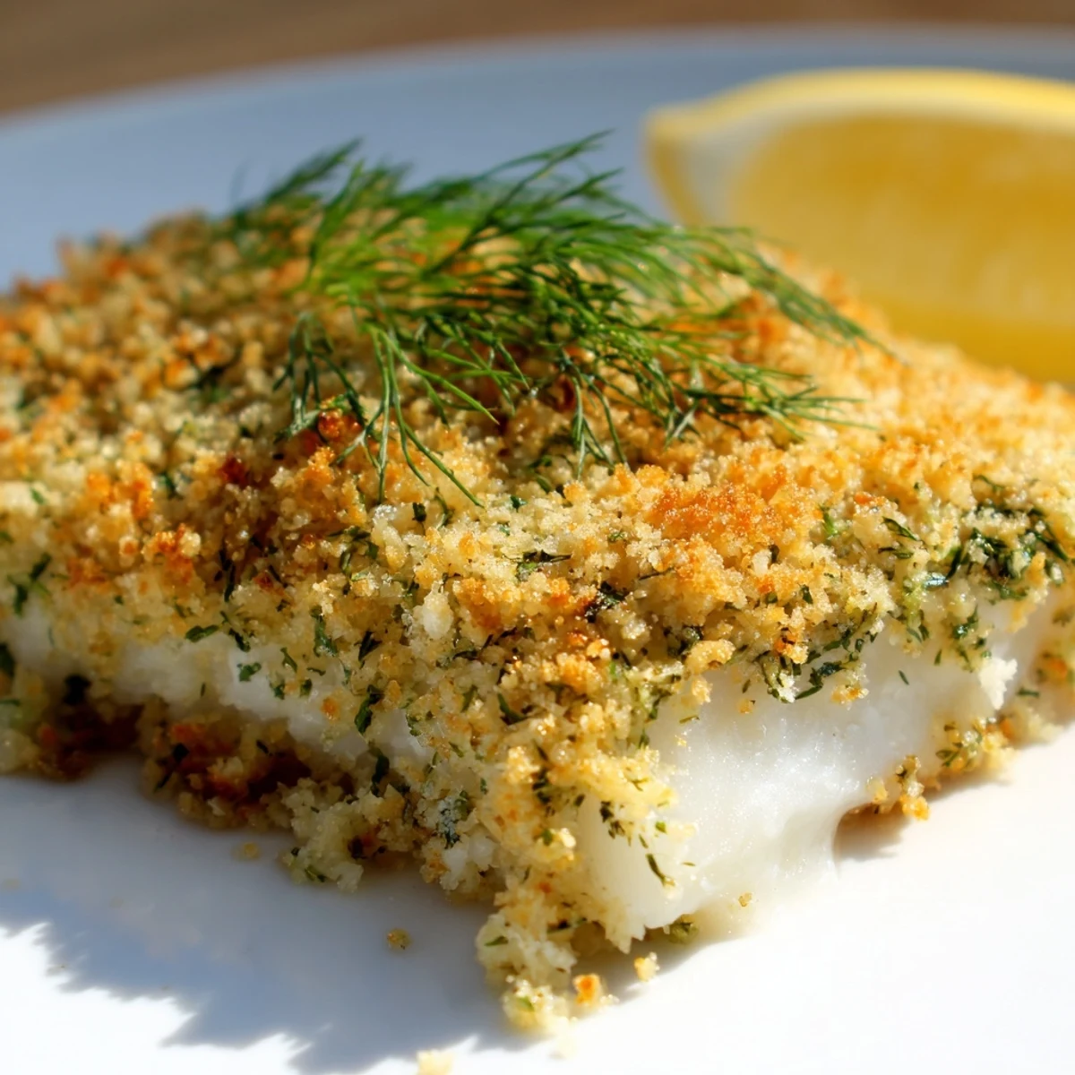 Freshly baked cod fillets topped with golden, crispy lemon herb breadcrumbs on a baking sheet ready to serve.