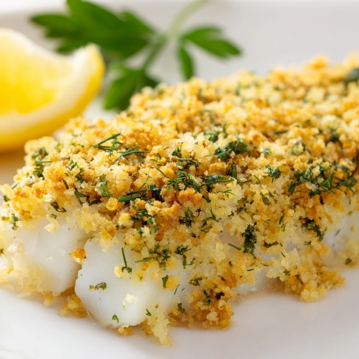 Flaky, oven-baked cod fillets featuring a crisp lemon herb butter crumb topping, garnished with fresh parsley.