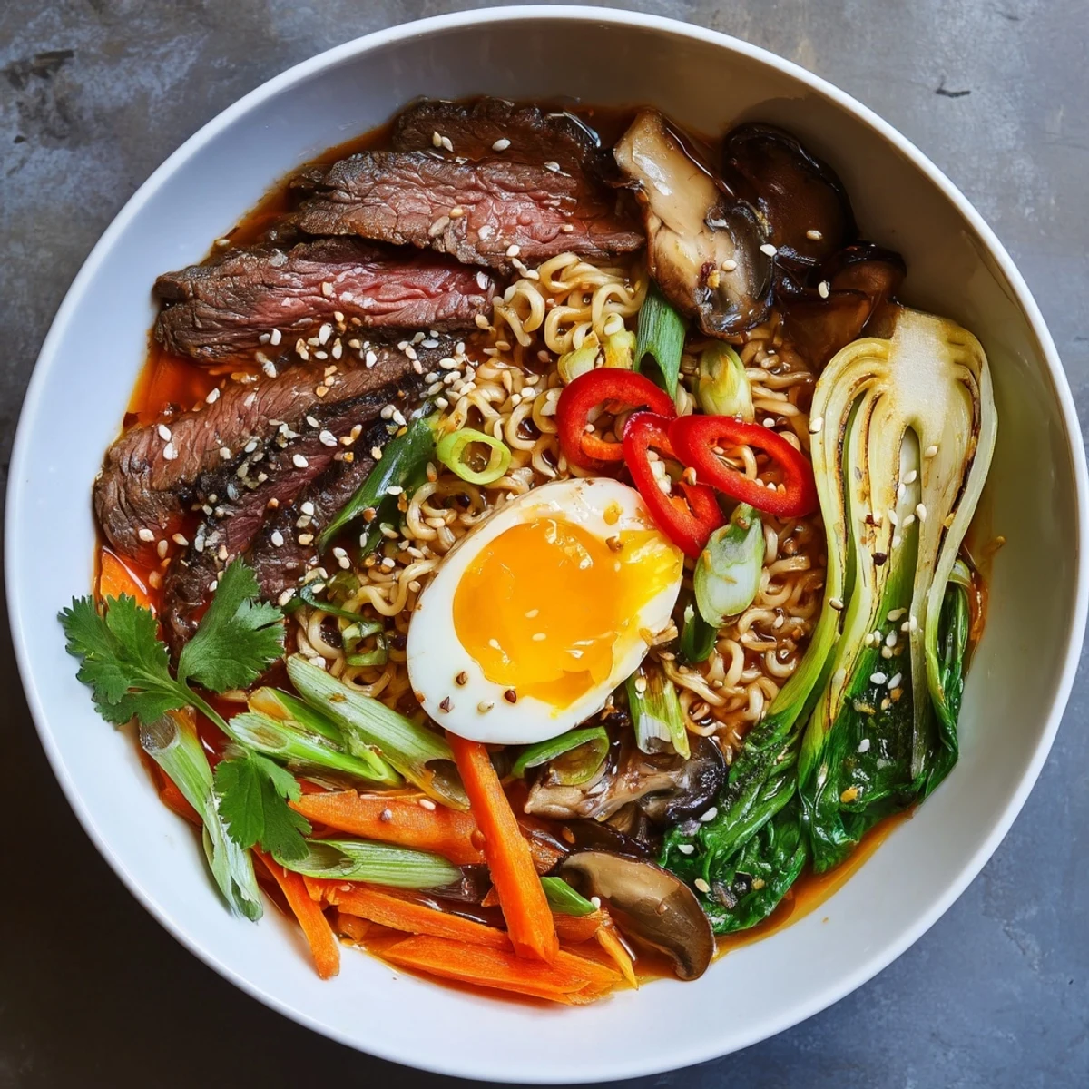A close-up of Spicy Beef Ramen with Soft Boiled Egg, featuring tender beef slices, shiny noodles, and vibrant fresh garnishes.