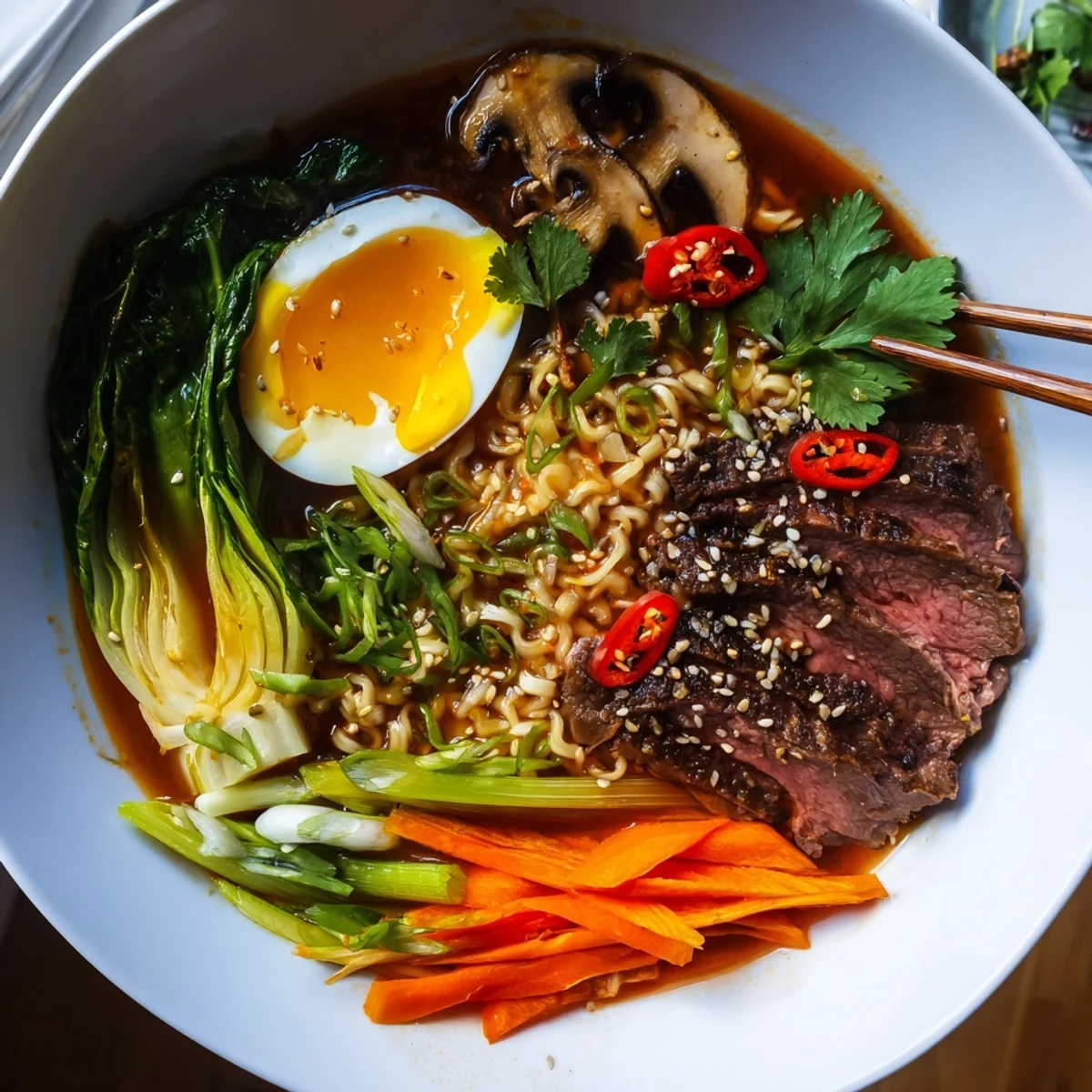 Steam rises from a rich bowl of Spicy Beef Ramen with Soft Boiled Egg, garnished with chili slices and sesame seeds.