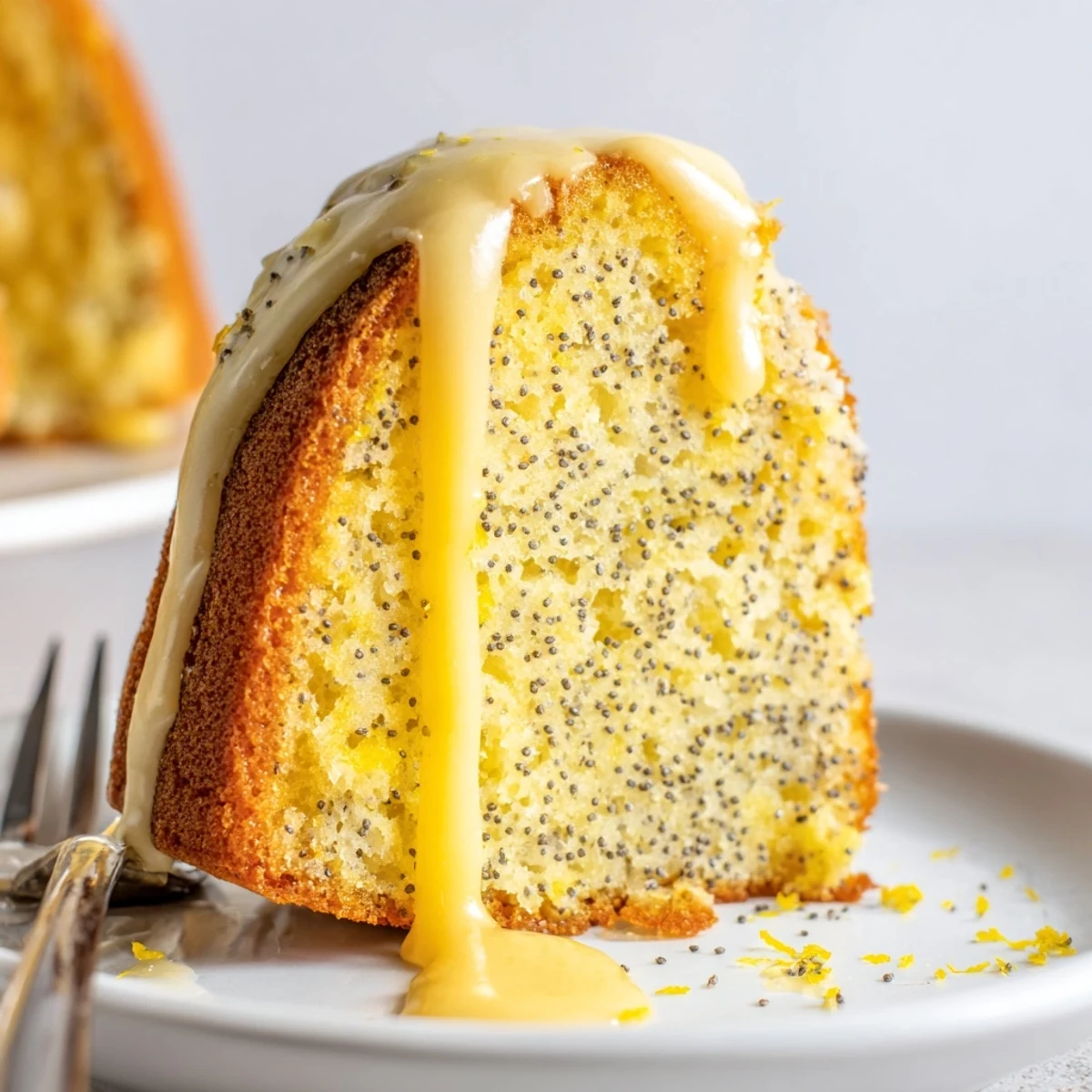 Freshly glazed Lemon Poppy Seed Bundt Cake drizzled with lemon icing, paired with iced tea on a sunny brunch table.