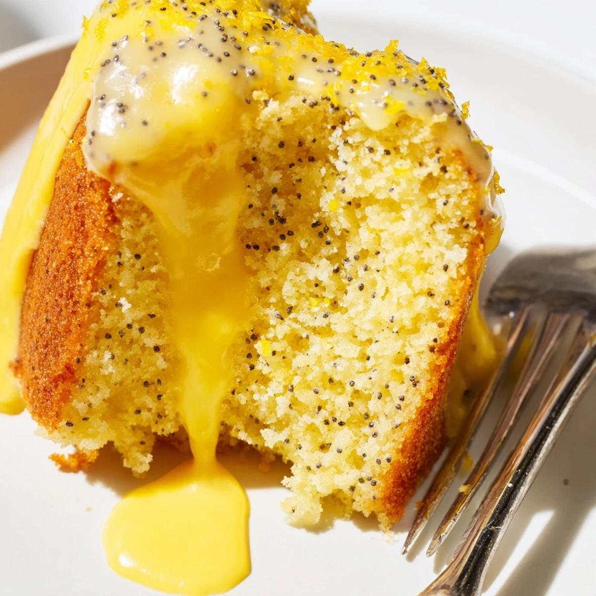 Overhead view of a Lemon Poppy Seed Bundt Cake with lemon glaze pooling in the ridges and poppy seeds visible.