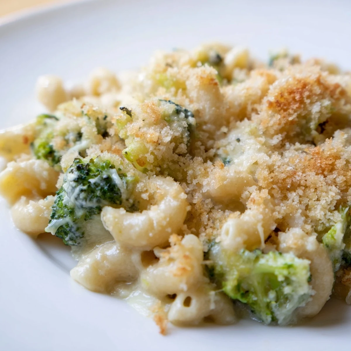 A close-up of creamy cheddar and Gruyère sauce clinging to elbow macaroni and green broccoli, with bubbling cheese and a crisp Parmesan topping.