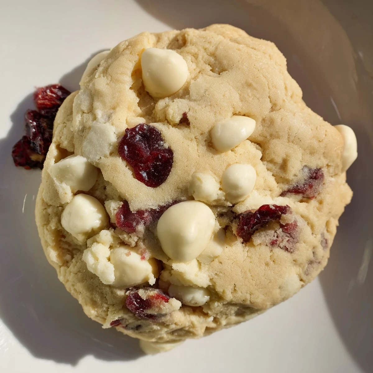 Four warm White Chocolate and Cranberry Cookies on a plate, ready to enjoy with a glass of cold milk.