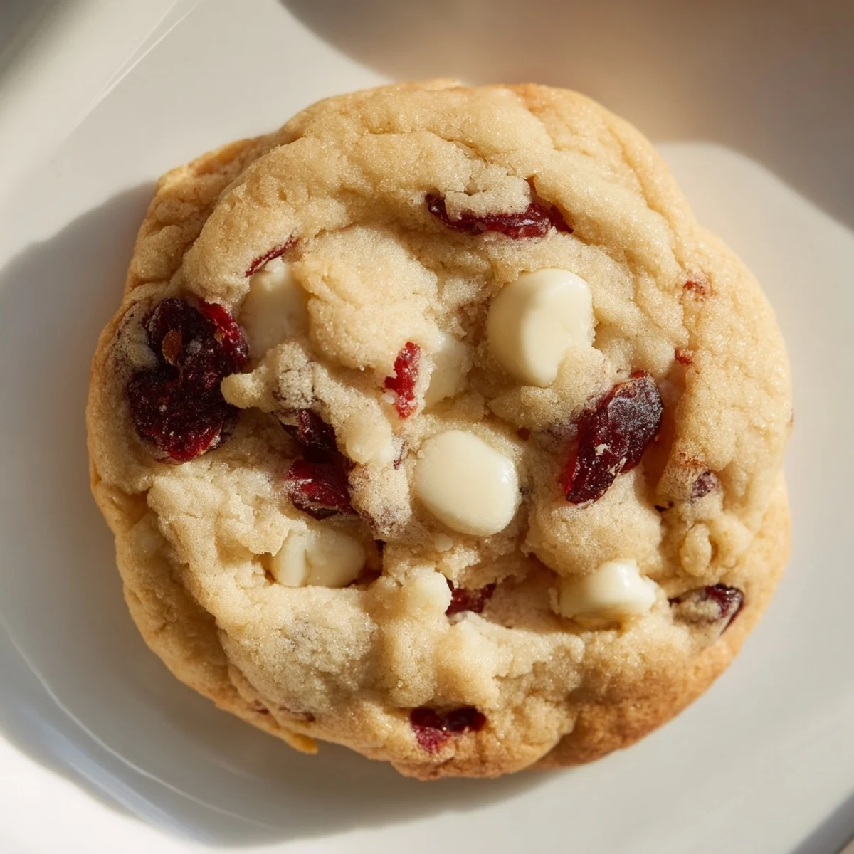Golden-brown White Chocolate and Cranberry Cookies studded with creamy chips and tart fruit, arranged on parchment paper.