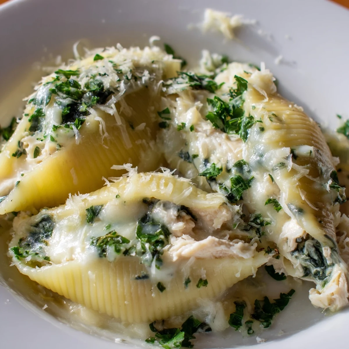 Freshly baked Chicken Alfredo Stuffed Shells with spinach peeking out of tender pasta, topped with parsley and a rustic wooden background.