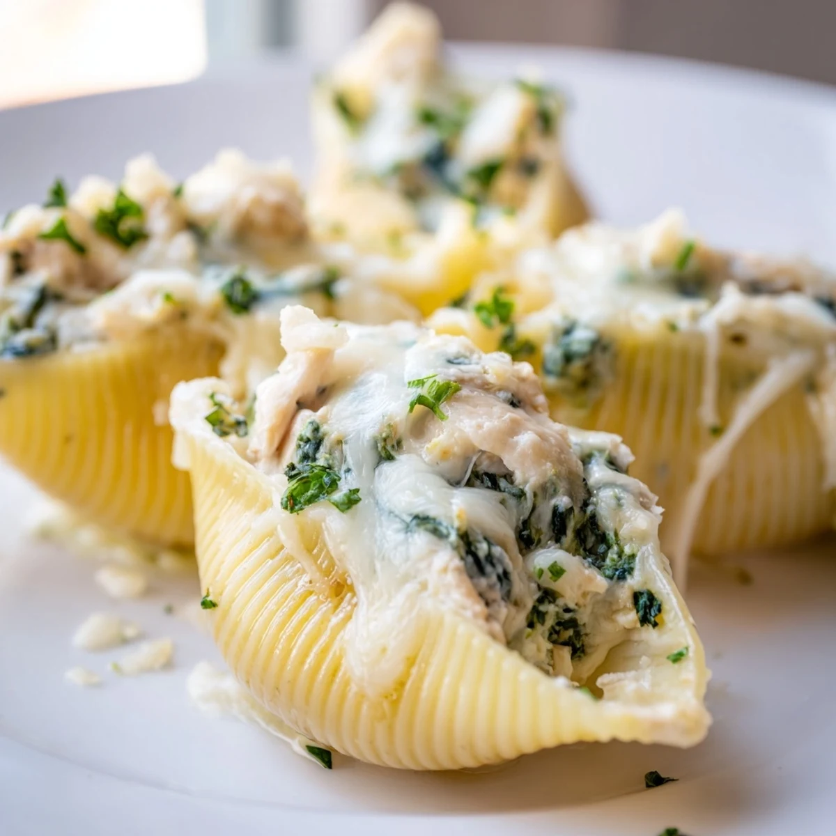 Golden baked Chicken Alfredo Stuffed Shells with spinach bubbling with melted mozzarella, served on a white plate for a cozy dinner.