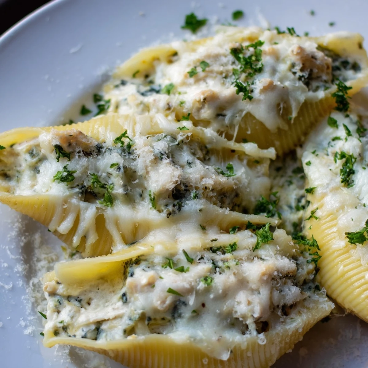 Close-up of Chicken Alfredo Stuffed Shells with spinach and creamy filling, drizzled with rich Alfredo sauce and golden mozzarella cheese.