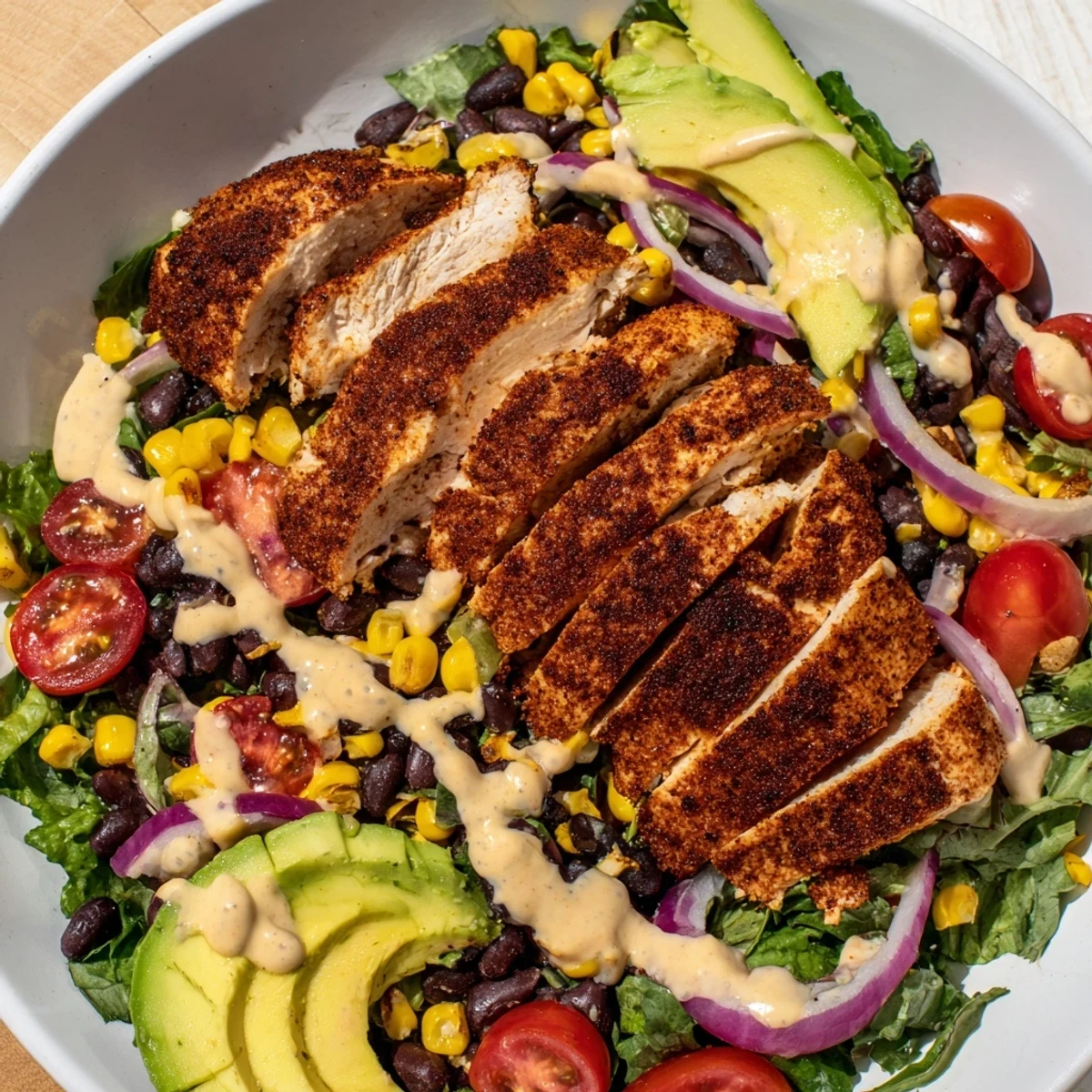 A plated Southwest Chicken Salad with Chipotle Lime Dressing features juicy grilled chicken, creamy avocado slices, and a vibrant mix of black beans and corn over crisp greens.