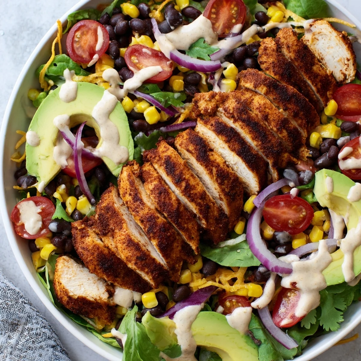 Sliced grilled chicken rests atop a colorful Southwest Chicken Salad with Chipotle Lime Dressing, garnished with shredded cheese, red onion, and a drizzle of smoky chipotle lime dressing.