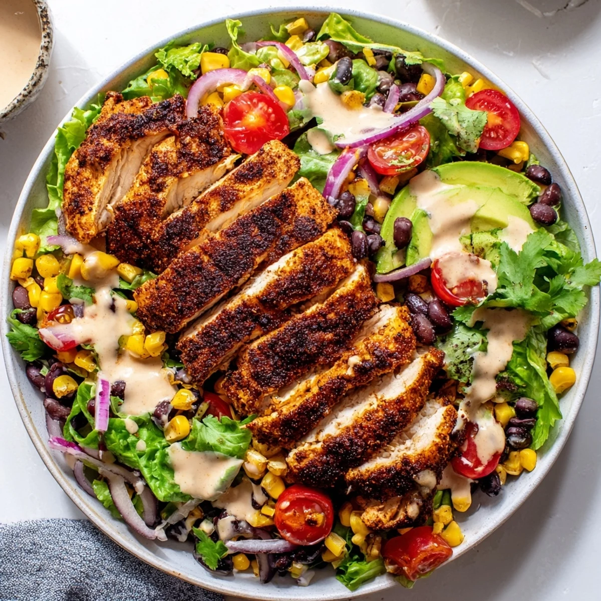 A close look at a Southwest Chicken Salad with Chipotle Lime Dressing shows a hearty bowl with cherry tomatoes, corn, black beans, and creamy avocado, ready to serve.