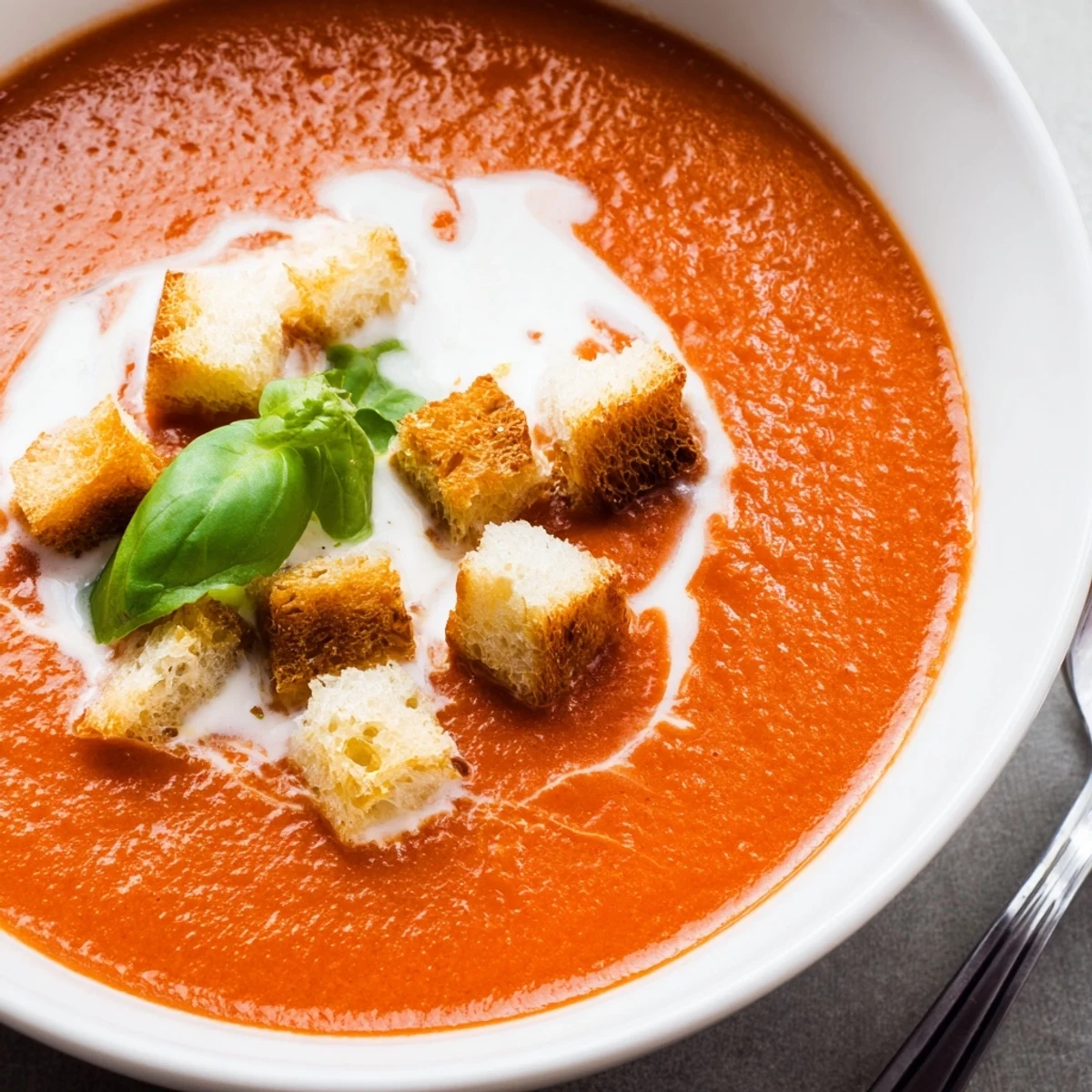 Freshly roasted tomatoes and garlic meld with basil in a velvety tomato soup, topped with golden, herb-crusted homemade croutons.