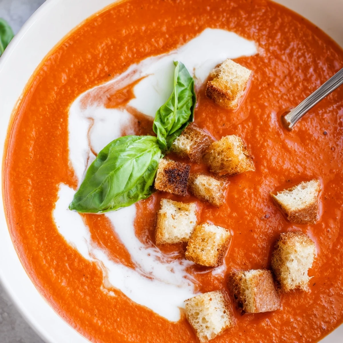 Homemade Roasted Garlic and Tomato Basil Soup with Croutons features crispy bread cubes sprinkled over a creamy, vibrant red soup.