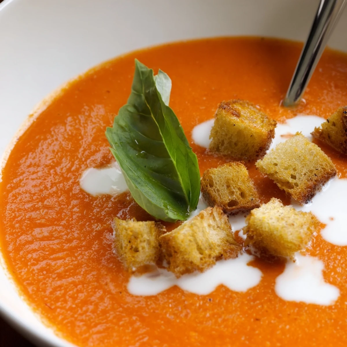Warm Roasted Garlic and Tomato Basil Soup with Croutons is served steaming in a rustic bowl, garnished with fresh basil leaves.