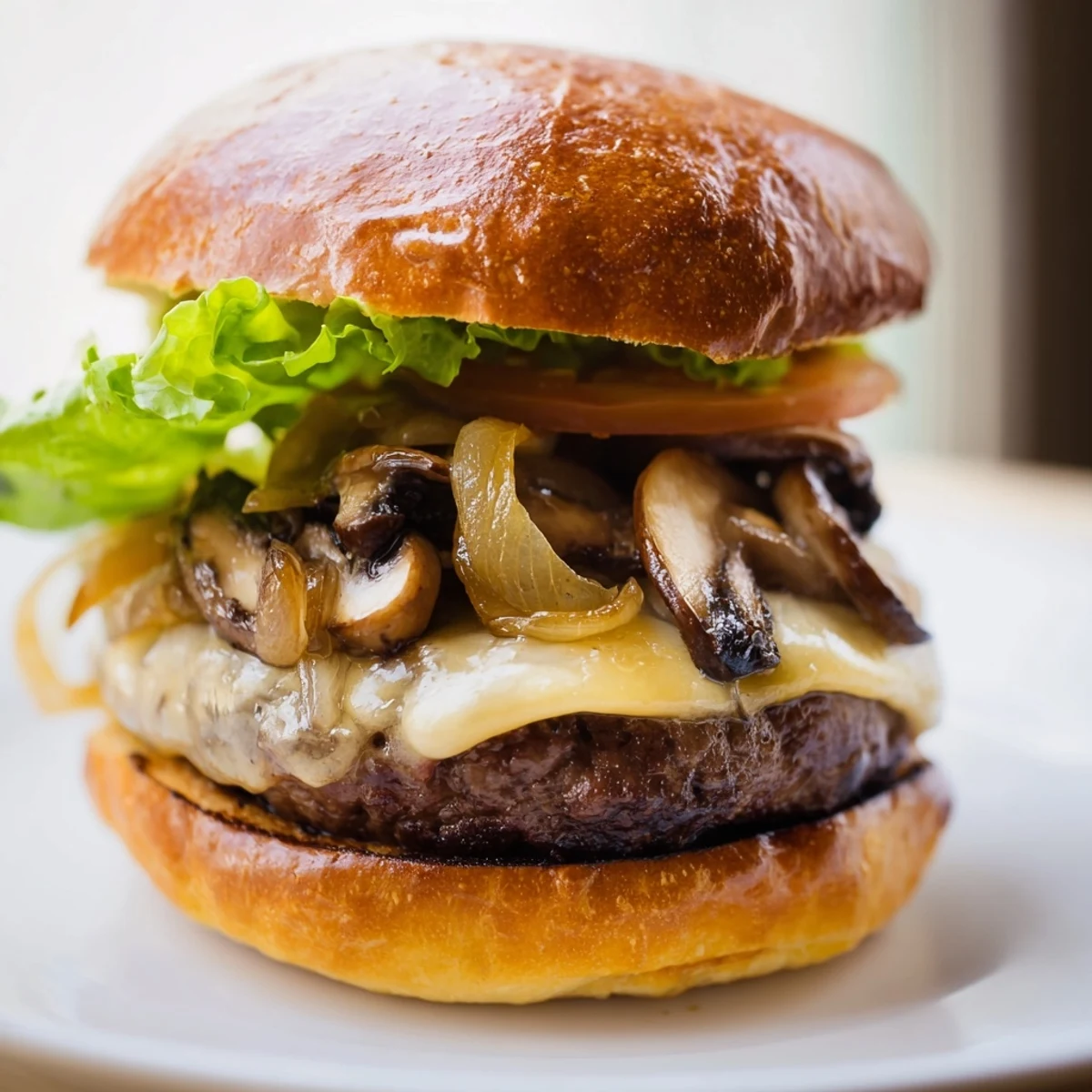 A Mushroom and Swiss Burger with sautéed mushrooms and sweet onions on a brioche bun, ready to eat.
