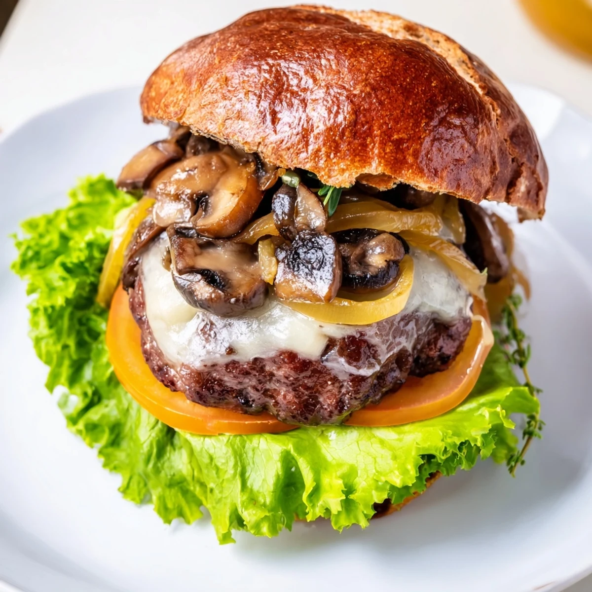 Close-up of a juicy Mushroom and Swiss Burger, featuring caramelized onions and Swiss cheese on a toasted bun.