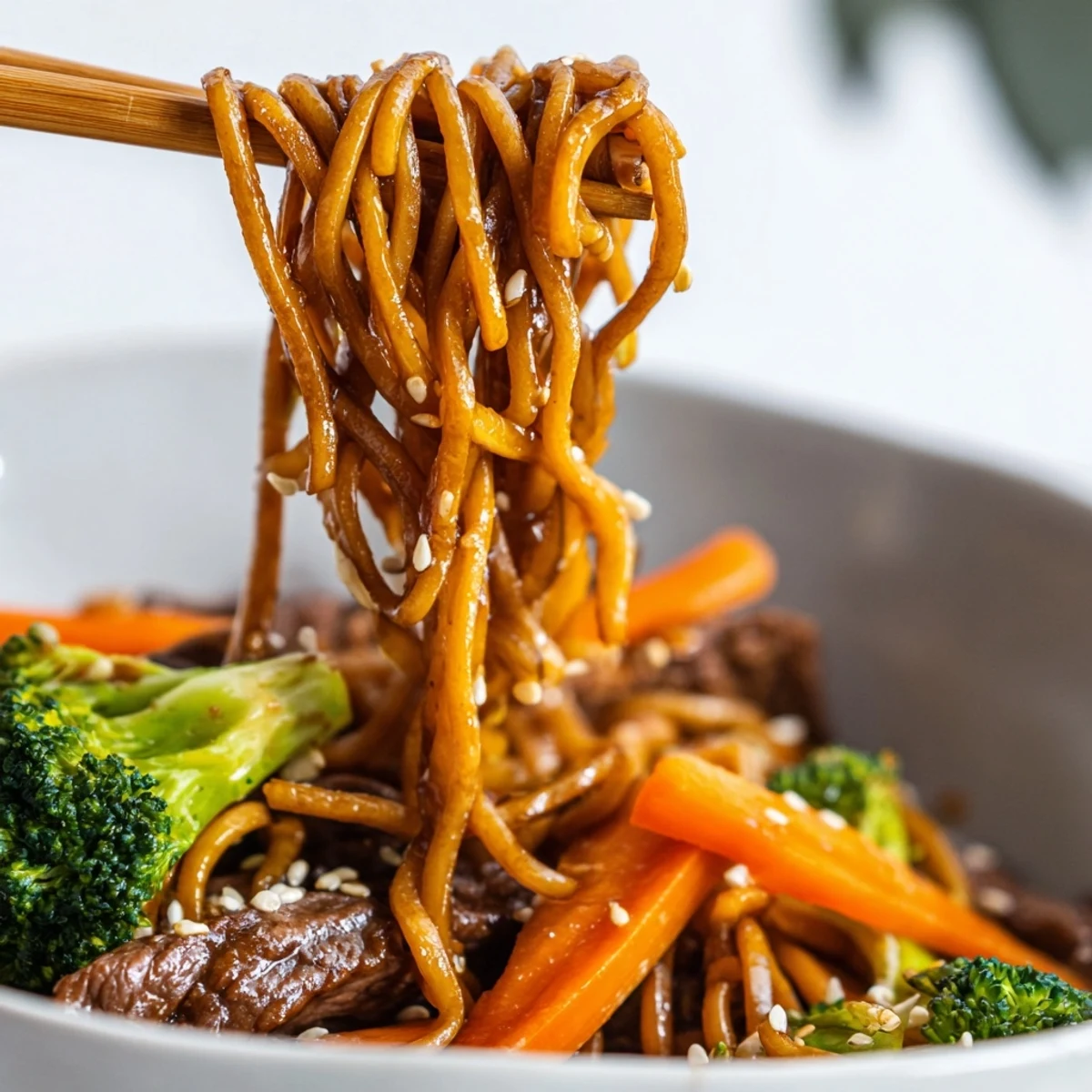 Steaming Beef and Broccoli Lo Mein with Toasted Sesame Seeds served in a white bowl, garnished with fresh scallions.