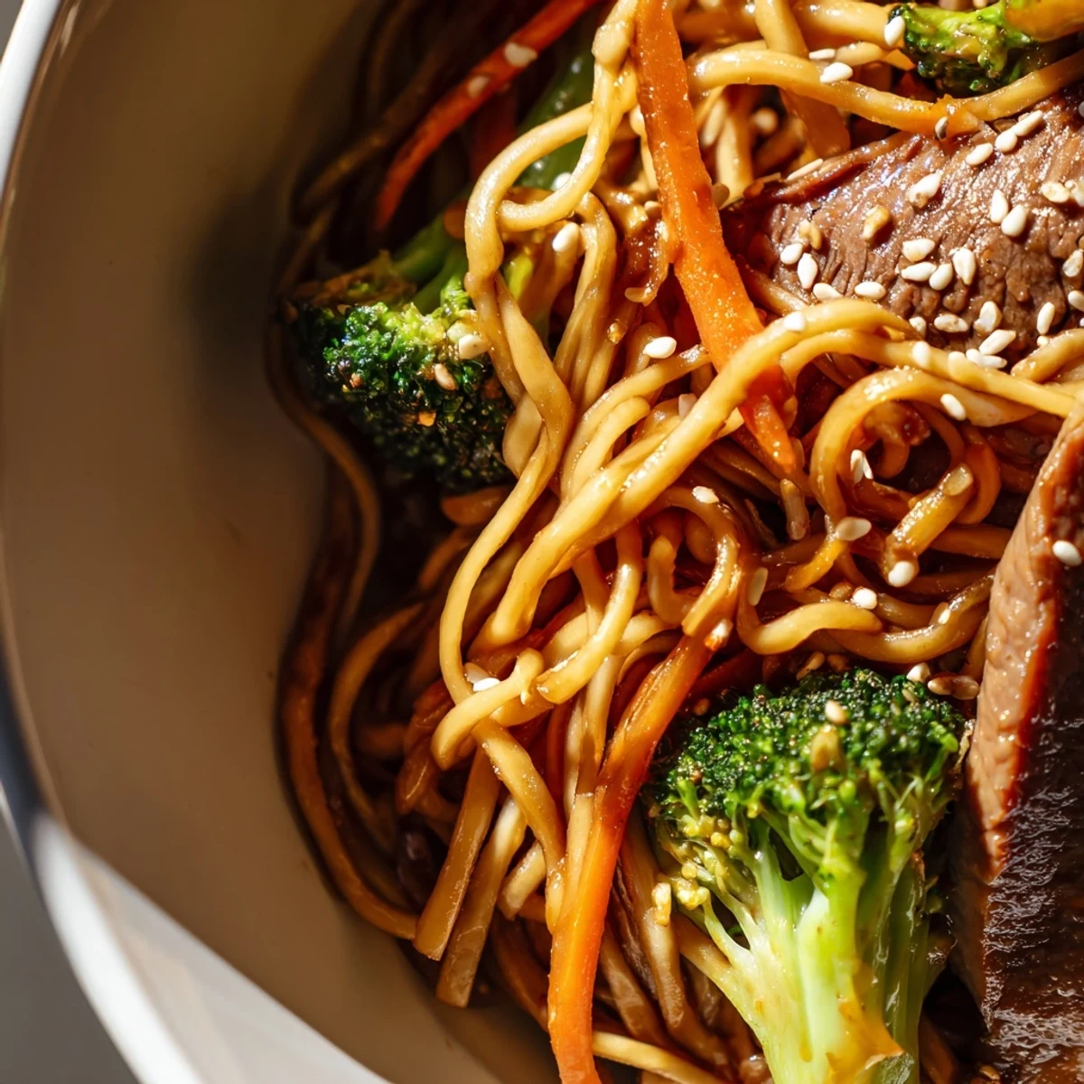 Tossing freshly cooked lo mein noodles with tender beef and crisp broccoli for a quick weeknight dinner.