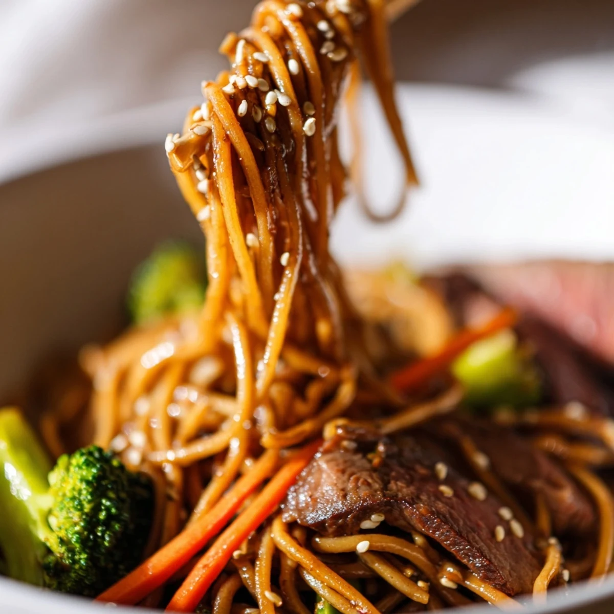 Finished plate of savory Beef and Broccoli Lo Mein topped with golden toasted sesame seeds and julienned carrots.