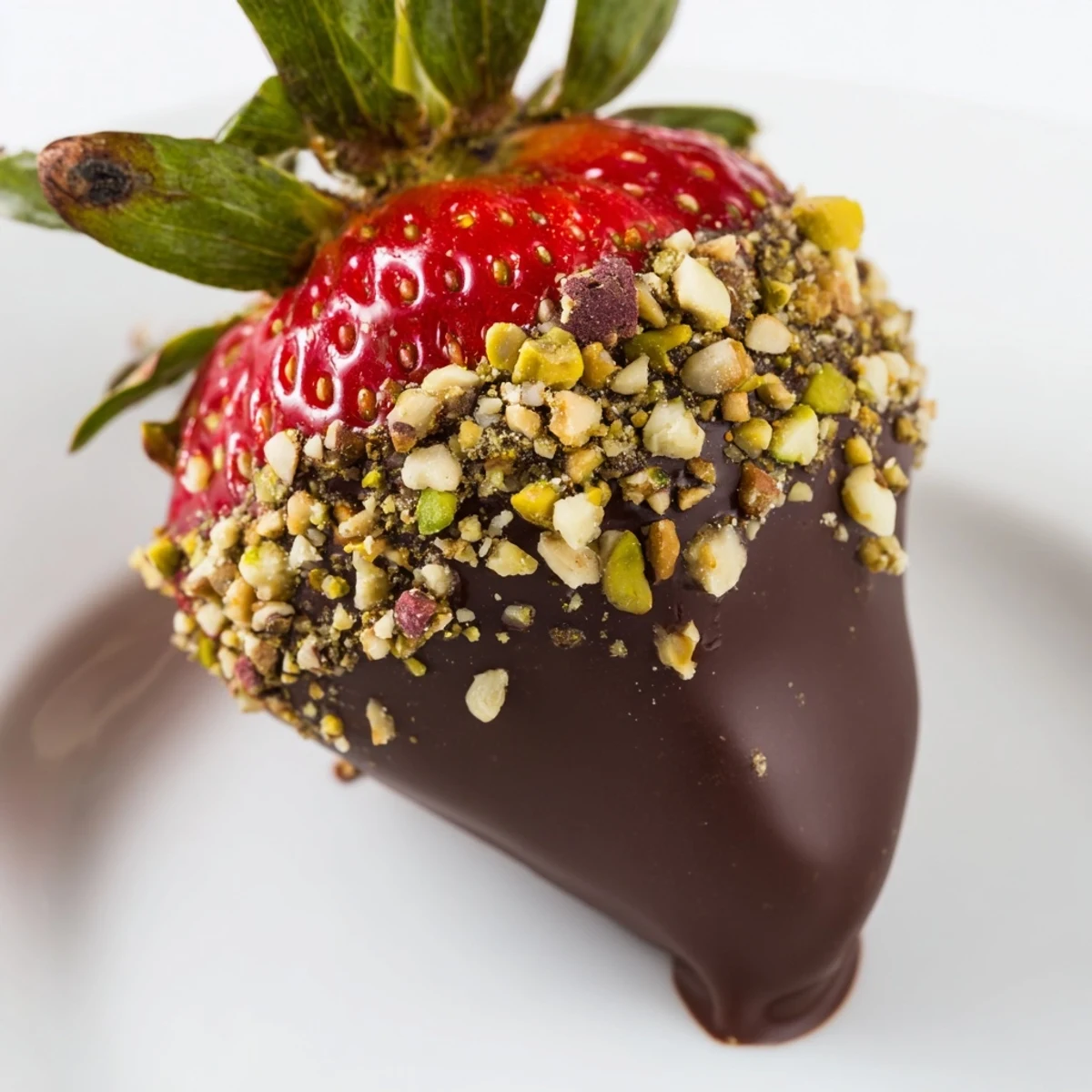 Fresh Chocolate Dipped Strawberries with Chopped Nuts arranged on a white plate, ready for a romantic dessert.