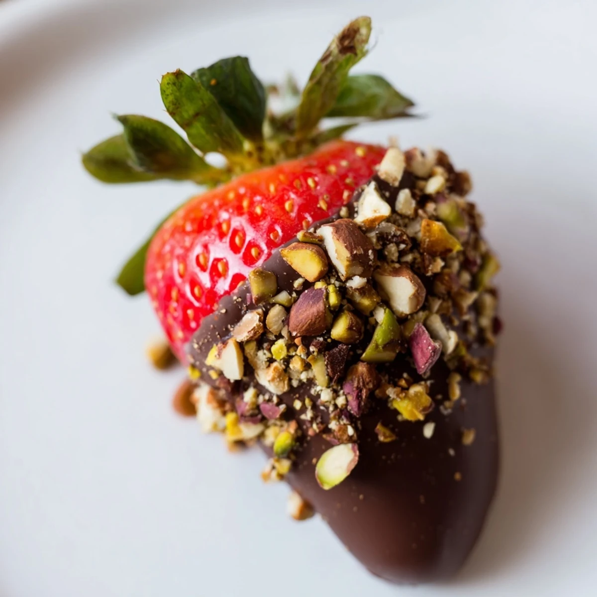 A close up of Chocolate Dipped Strawberries with Chopped Nuts showing glossy dark chocolate and crunchy almond toppings.