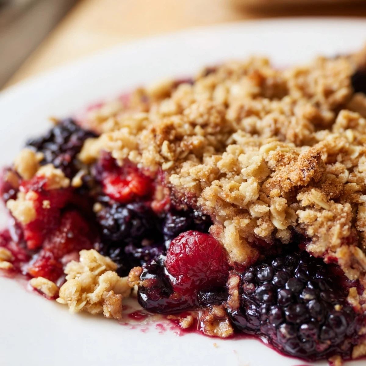 Freshly baked Winter Berry Crumble with a golden, buttery oat topping, served warm in a rustic dish with scoops of vanilla ice cream melting on top.